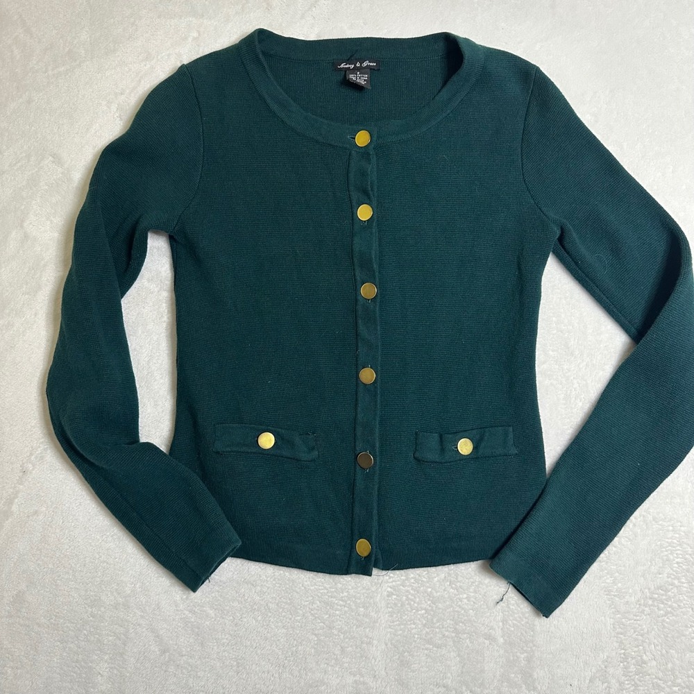 Audrey & Grace Emerald Green Cardigan Small Gold Buttons Minimalist Old Money